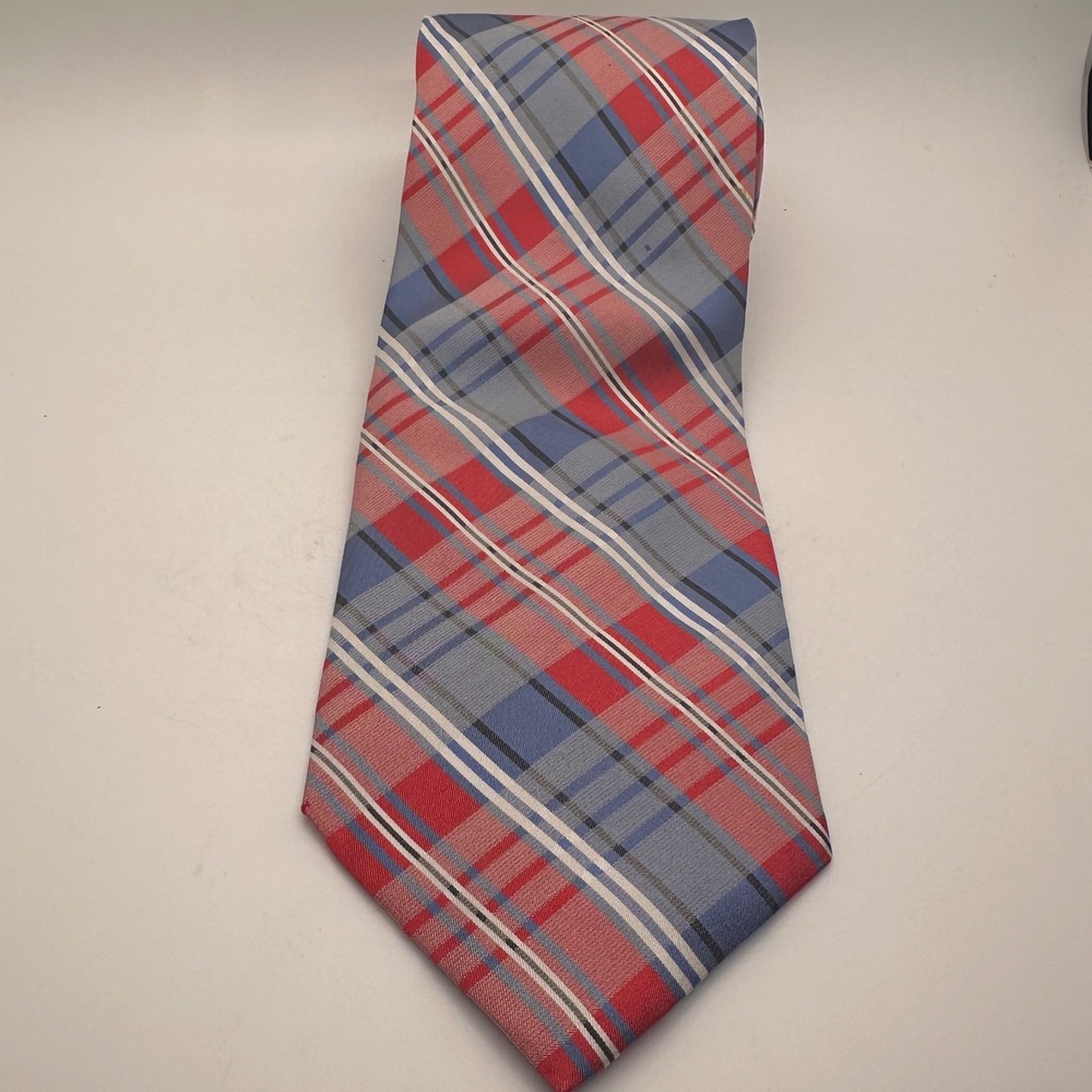 Stafford Essentials Mens Plaid Silk Neck Tie Red Blue Gray Office‎ Classic